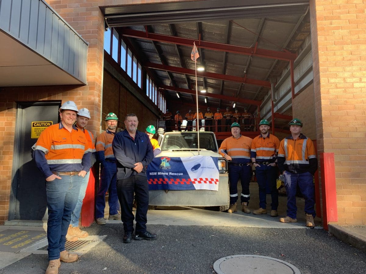 MGO Health & Safety Coordinator Mick Phillips, MGO Operations Manager Chris Gerard, Mines Rescue Regional Manager Matthew Enright, with members of the MGO First Response team and Mines Rescue personnel.