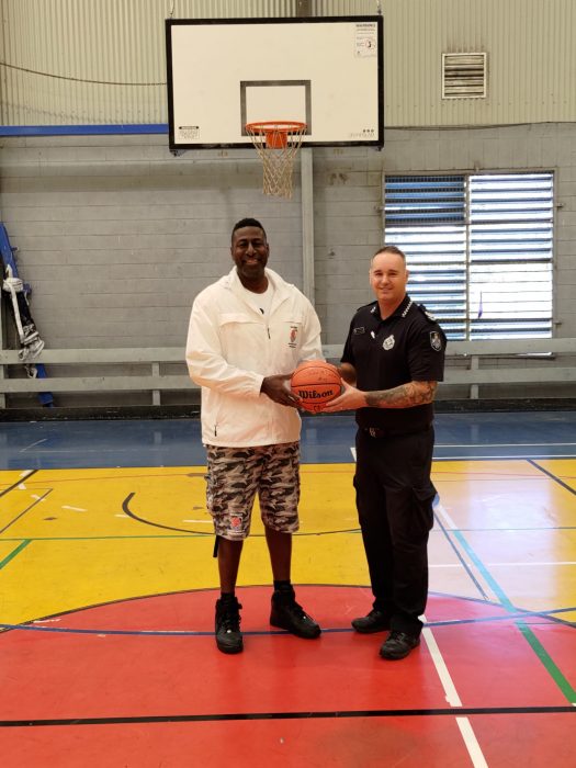 Andre Moore and Sergeant Will Lathrope are pleased the young people enjoy the drop-in program, Big Feat Basketball training experience.