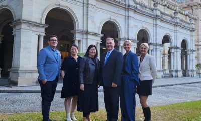 L-R: Isaac Regional Council Director of Planning, Environment and Community Services Dan Wagner, Councillor Gina Lacey, Mayor Anne Baker, Minister for Resources Scott Stewart, Deputy Mayor Kelly Vea Vea and long-term Glenden resident Milissa Phillips-Payne outside Queensland Parliament in Brisbane on 24 August 2023.